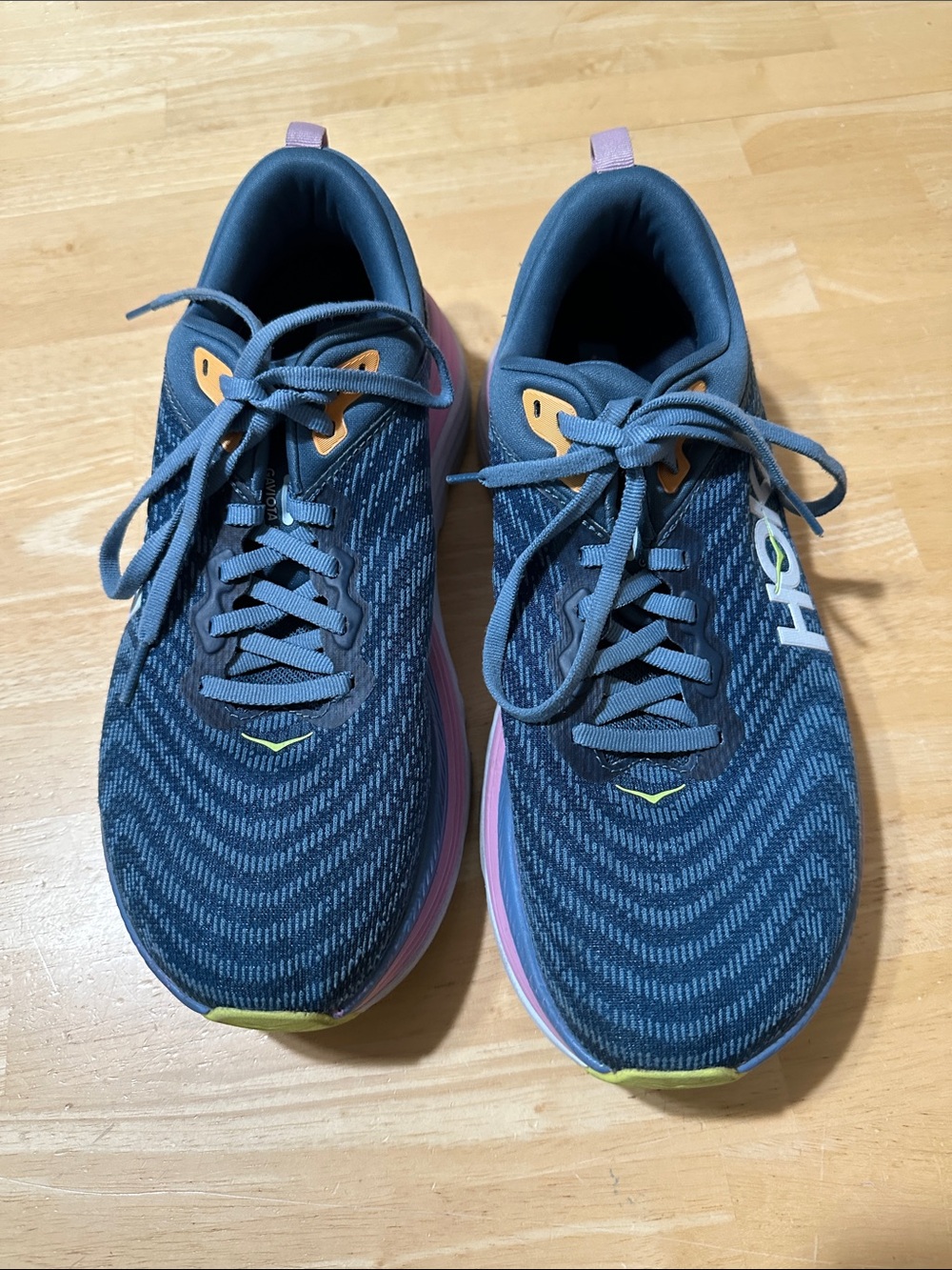 Hoka Gaviota Blue Athletic Running Shoes with Pink and Yellow Accents